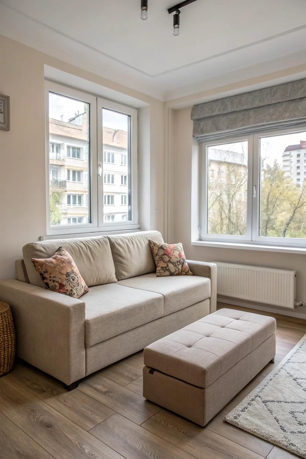 A modern living space featuring versatile furniture to maximize room.