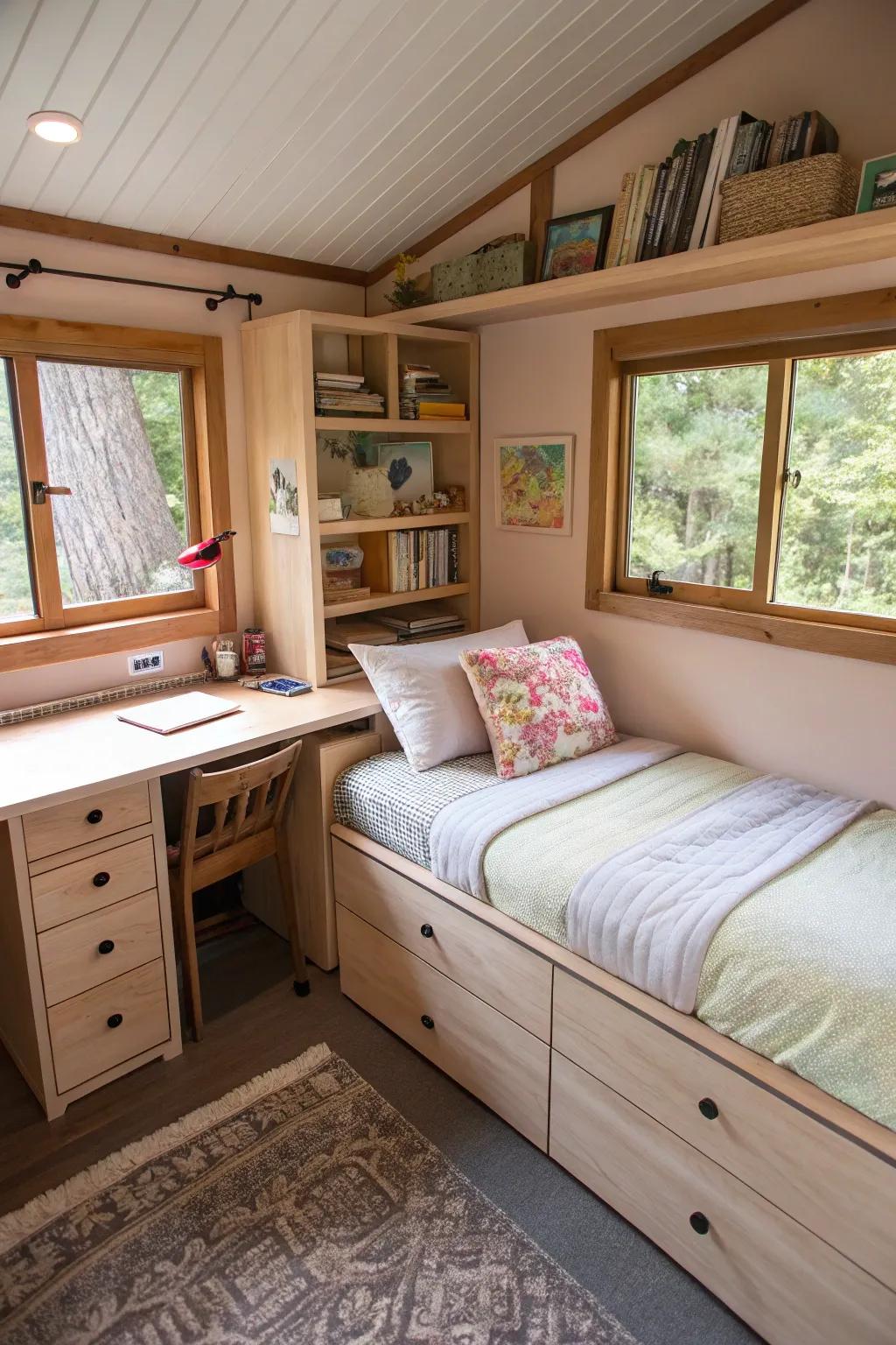 A multi-purpose bed providing integrated storage options.