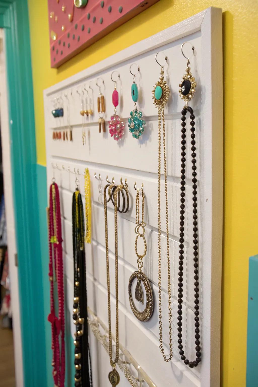 Display your jewelry like art with wall-mounted hooks.