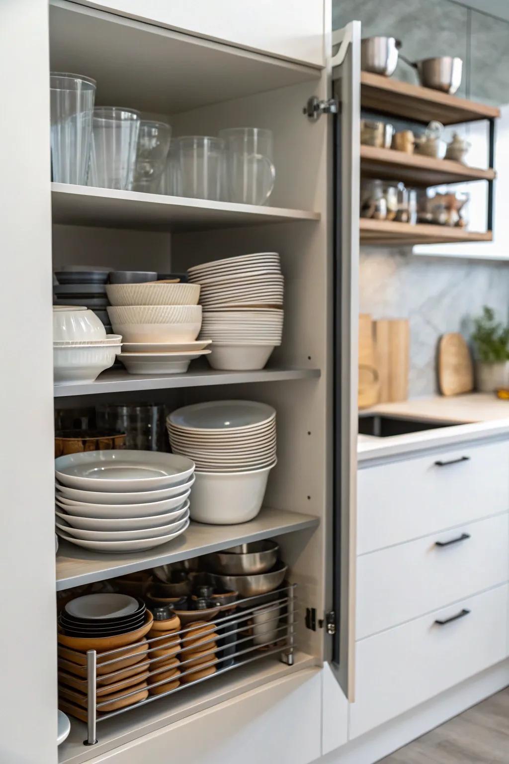 Vertical shelving makes the most of the storage inside your kitchen cabinets.