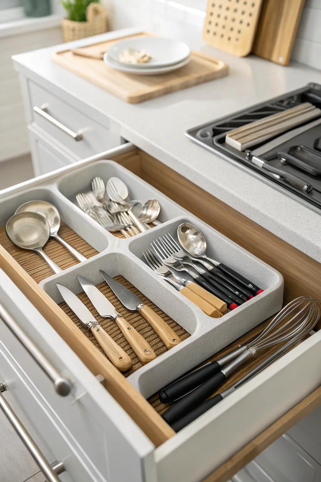 Drawer organizers ensuring utensils are well-organized and easily accessible.