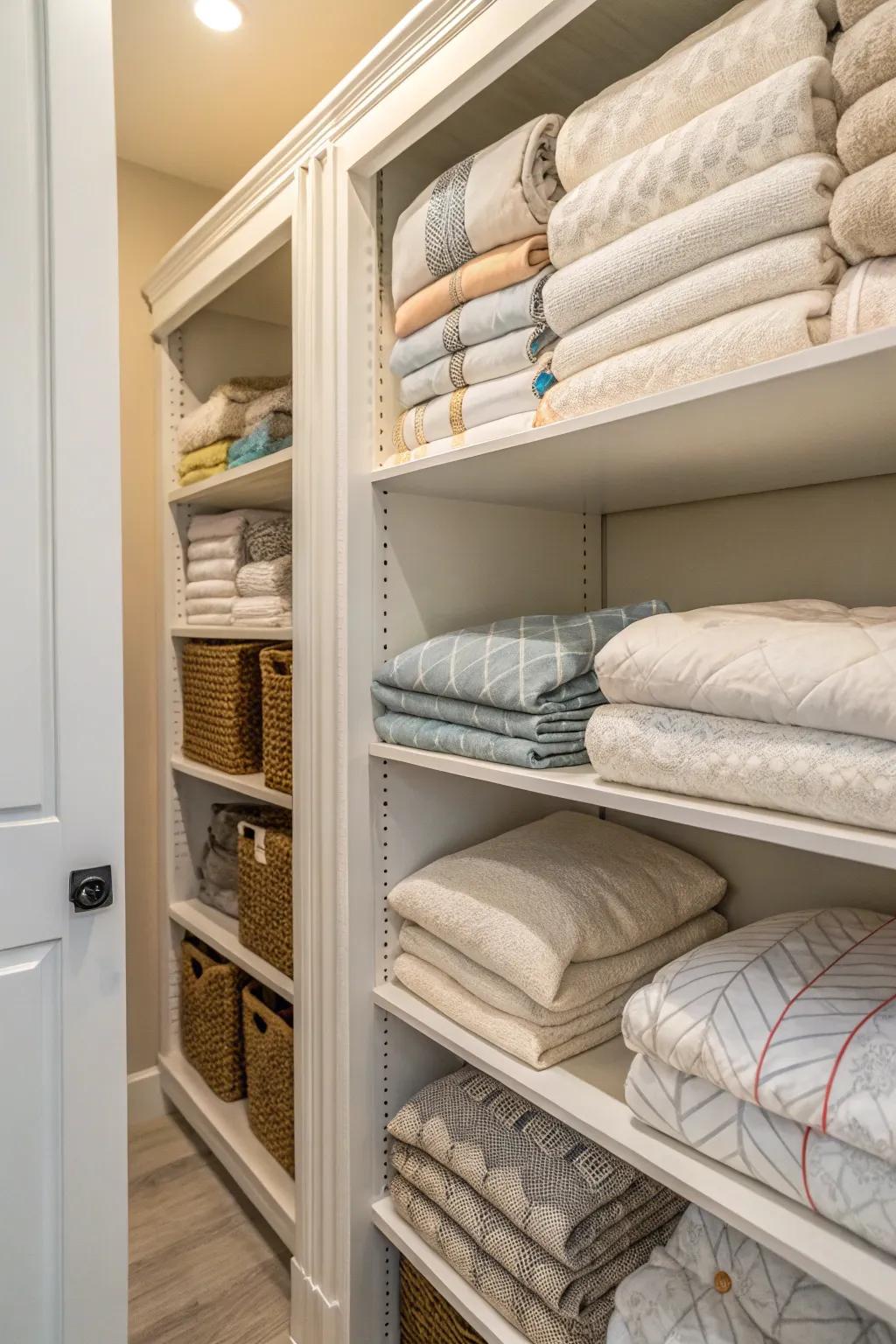 A linen closet with neatly folded comforters and linens.