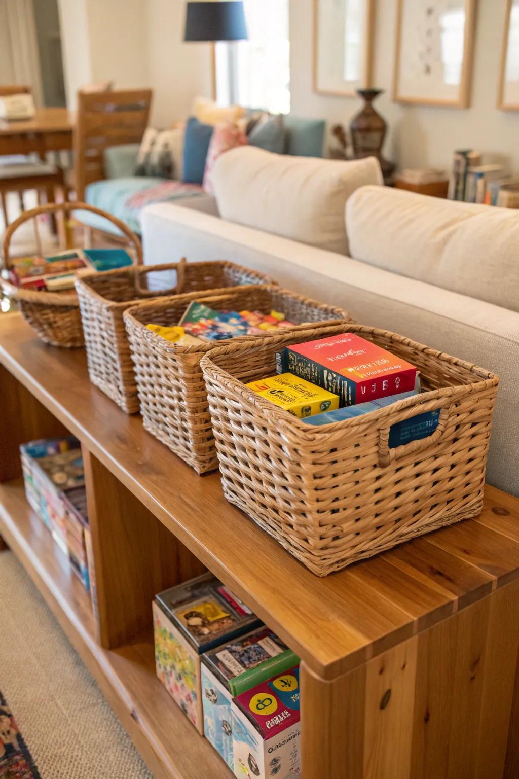 Wicker baskets containing puzzles, displayed beautifully on shelving.