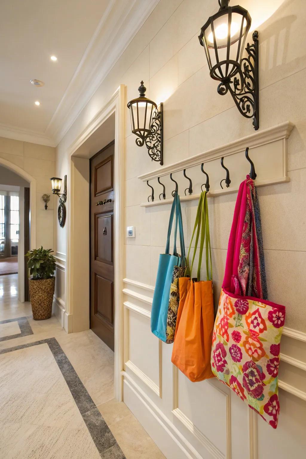 Turn your carryalls into wall art using decorative mounts.