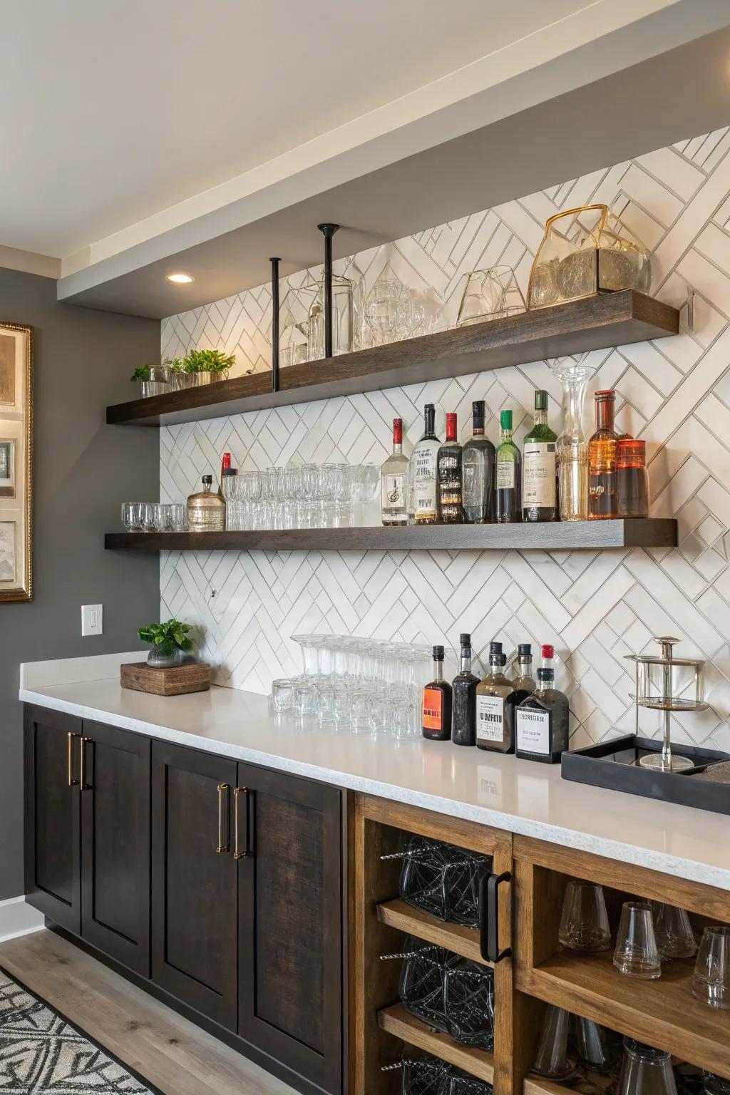 Wall-mounted shelves provide elegance and practicality to your home bar.