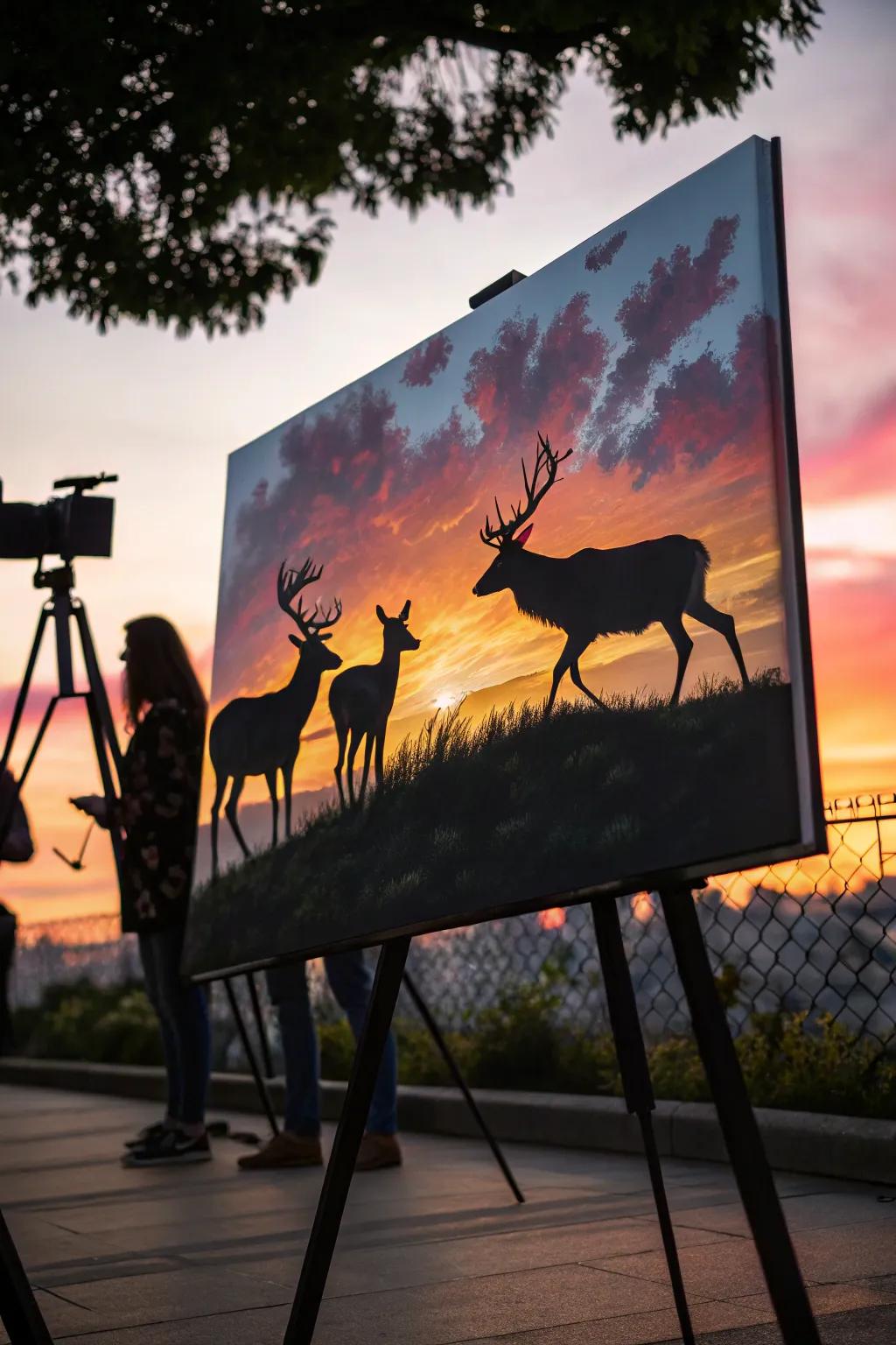 Deer outlines beautifully contrasted against a sunset.