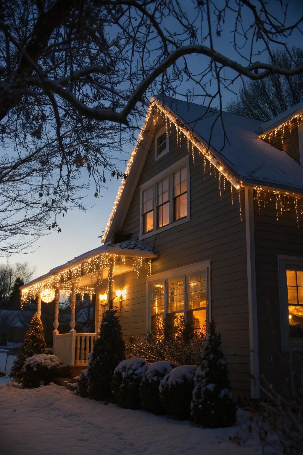 Glimmer strips gracefully outlining a roof, creating a classic holiday feel.