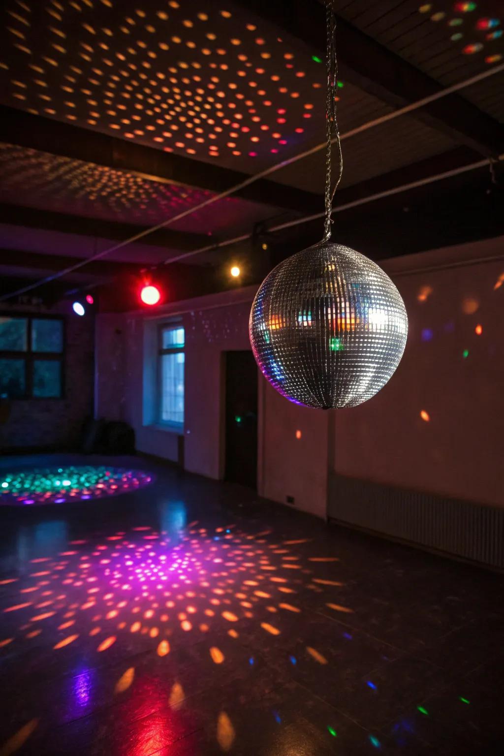 A classic disco ball scattering brilliant reflections throughout the space.