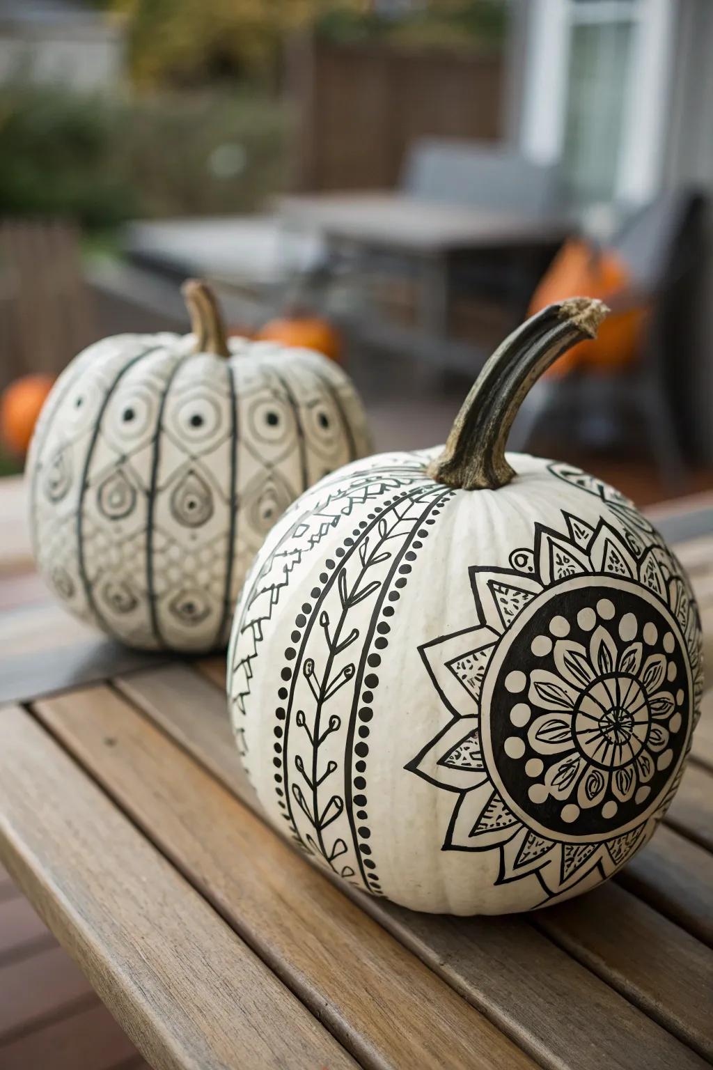 A pumpkin embellished with detailed painted patterns for a sophisticated aesthetic.