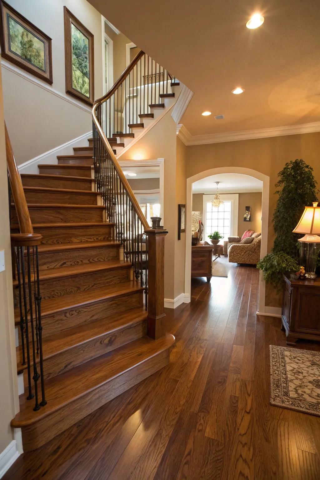 Timeless appeal showcased through classic hardwood stairs.