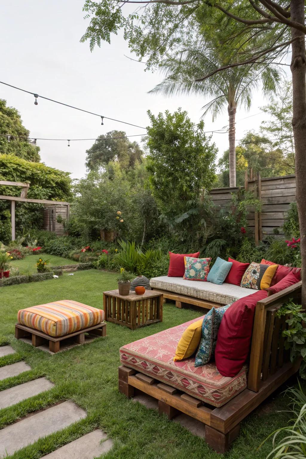 An inviting seating area with vibrant cushions encourages relaxation in style.