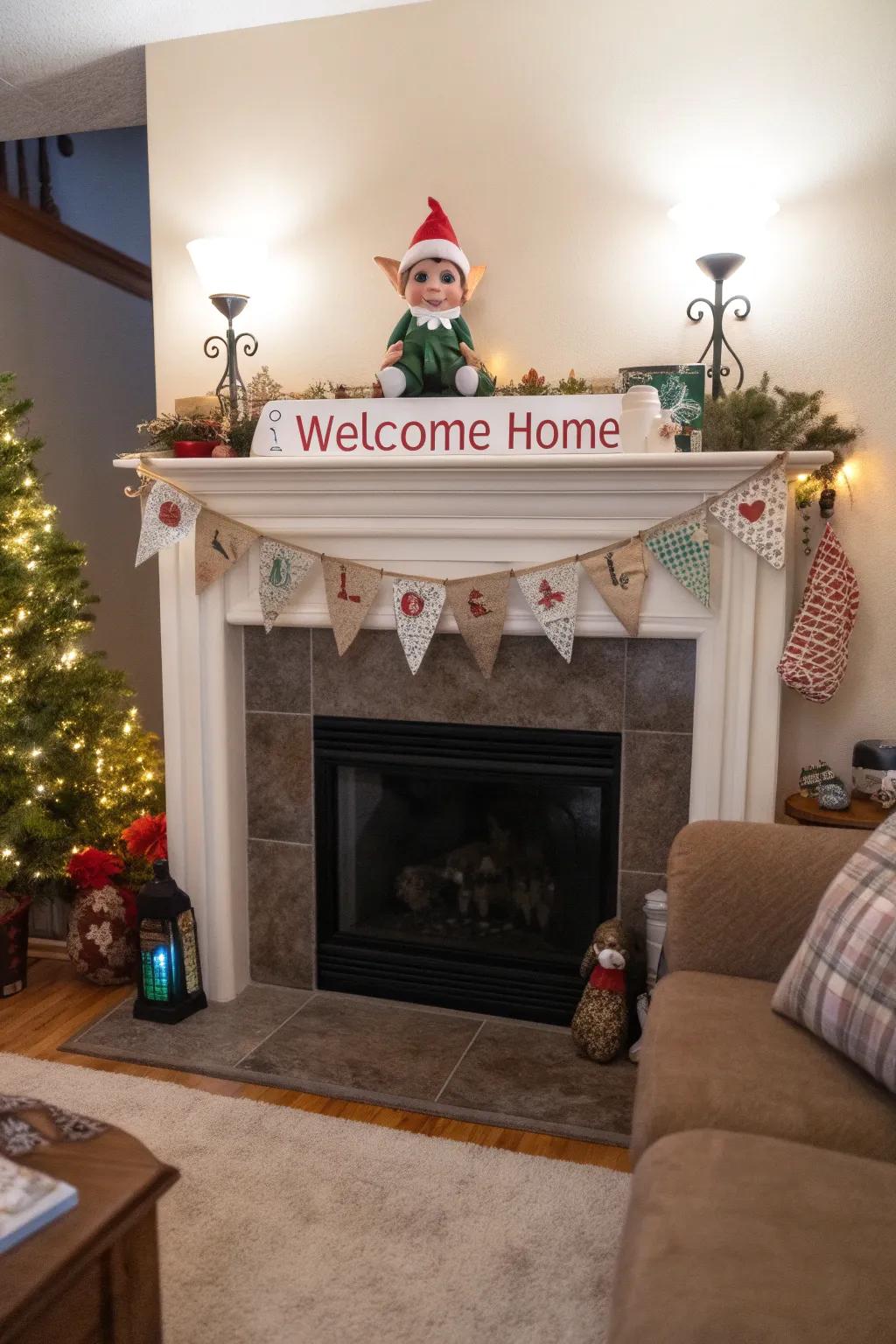 A comfortable setting featuring a welcome home sign for the returning Holiday Helper.