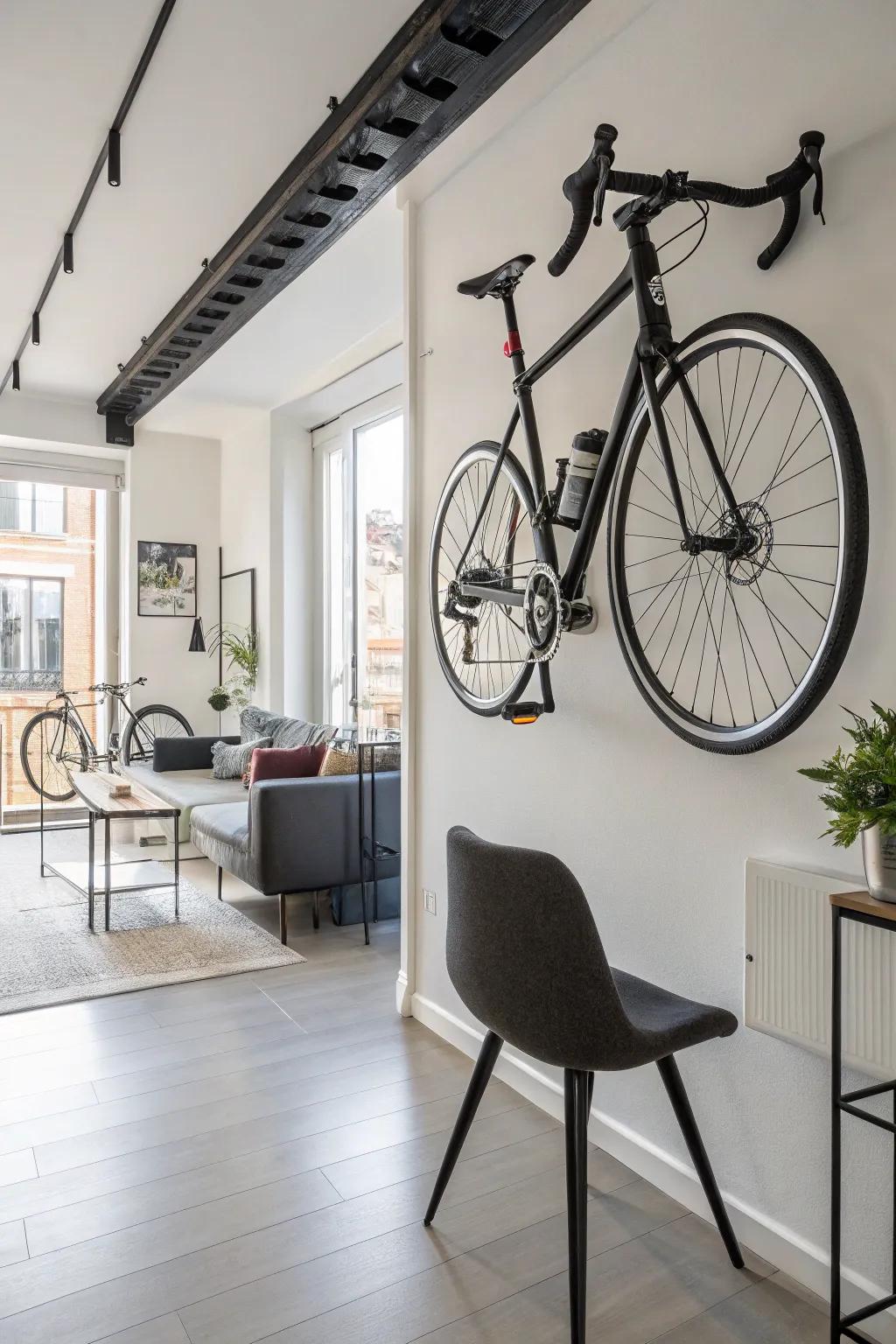 A vertical wall mount transforms a bike into a piece of wall art.