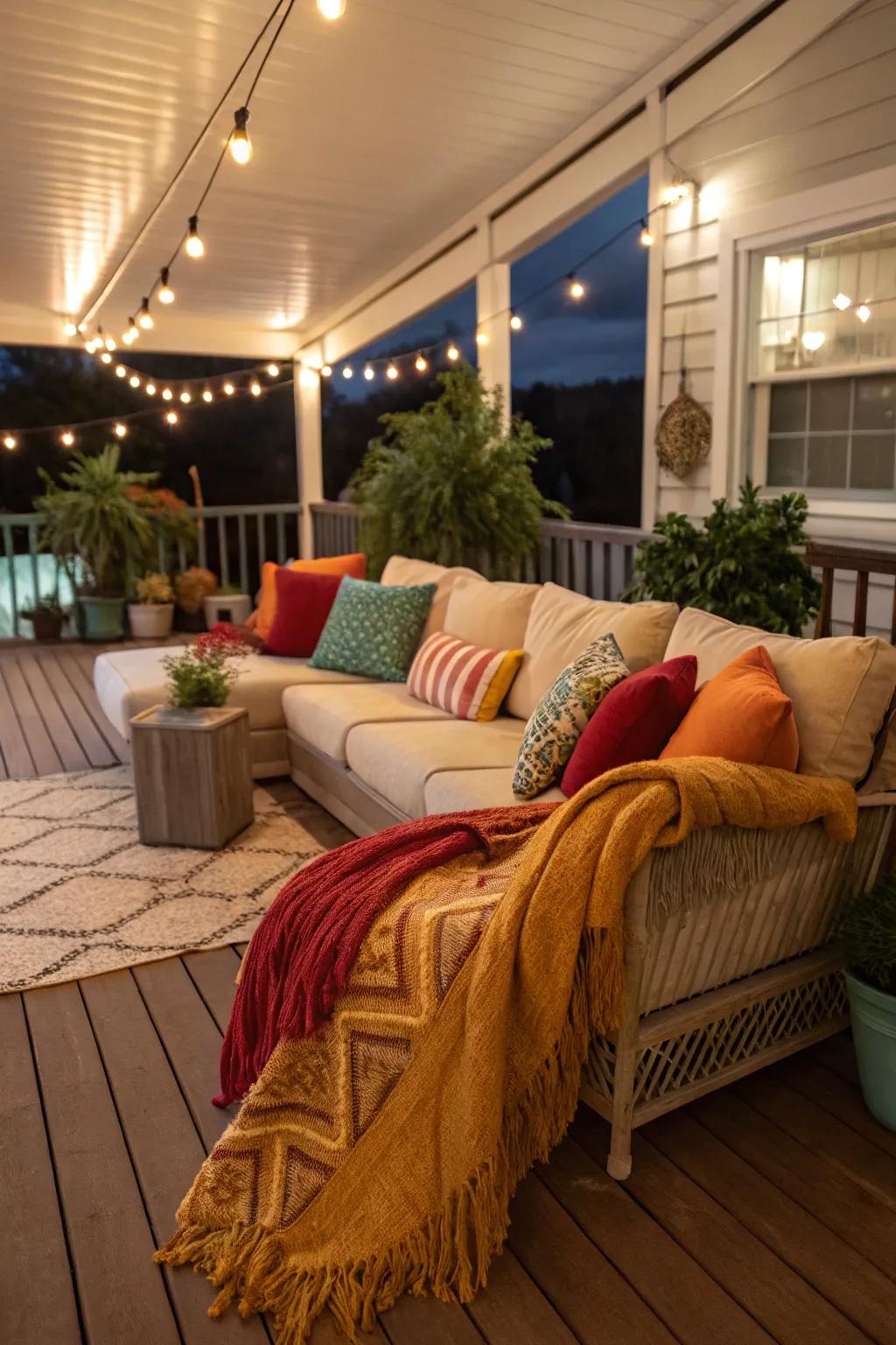 An indoor deck featuring a comfortable seating arrangement, fostering relaxation.