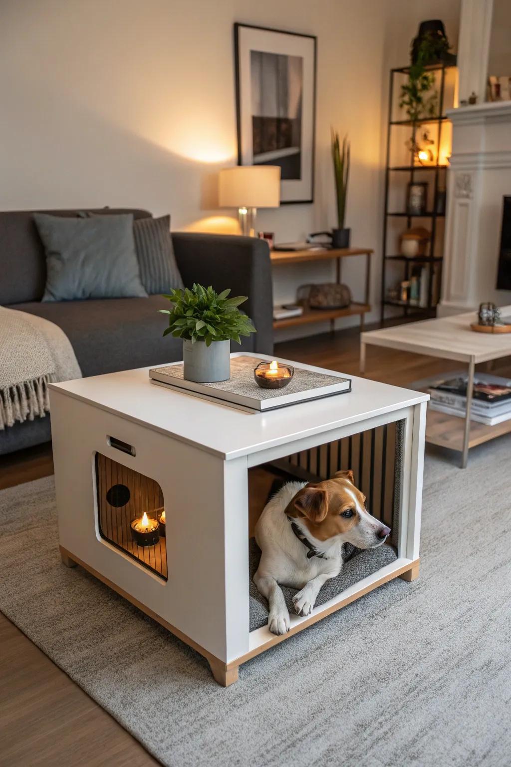 A center table that doubles as a kennel keeps your dog nearby and your decor elegant.