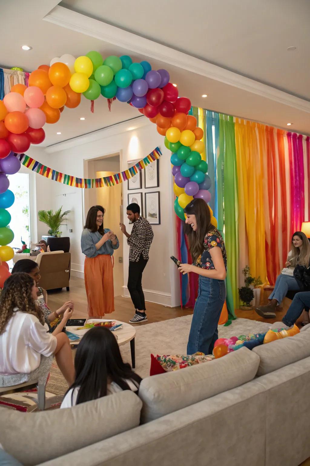 An energetic indoor celebration featuring a vibrant backdrop and balloon decoration.