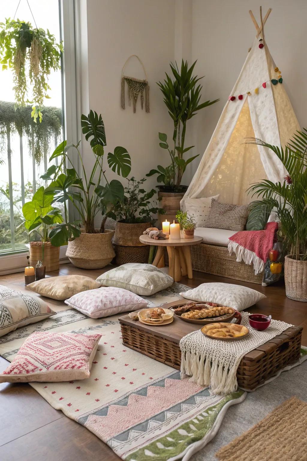Soft blankets and cushions create a comfortable indoor picnic environment.