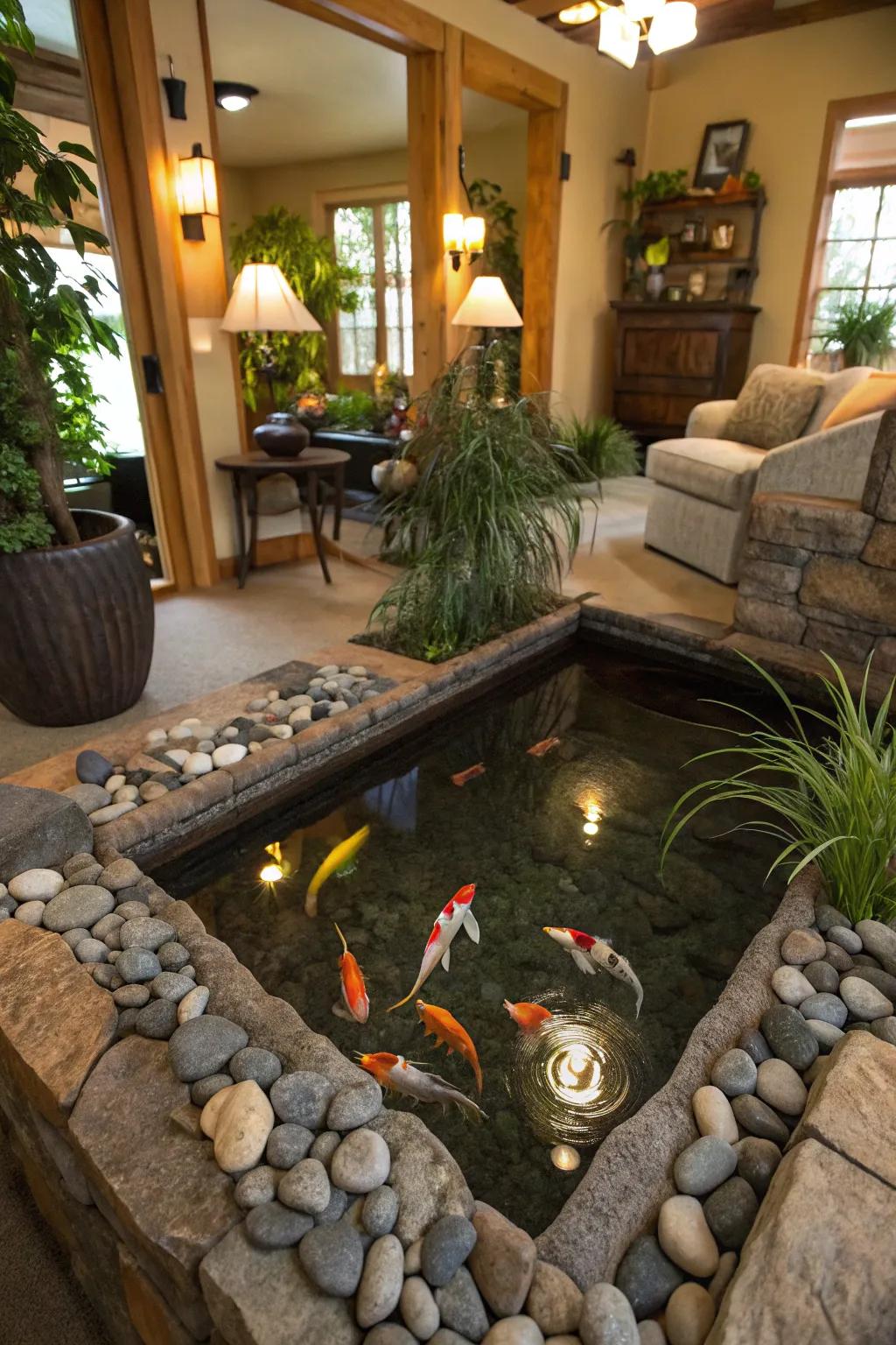 A scaled-down koi water garden adds a touch of serenity and appeal.