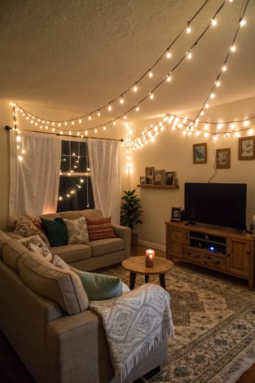 Drape fairy lights on your living room walls to create a cozy atmosphere.