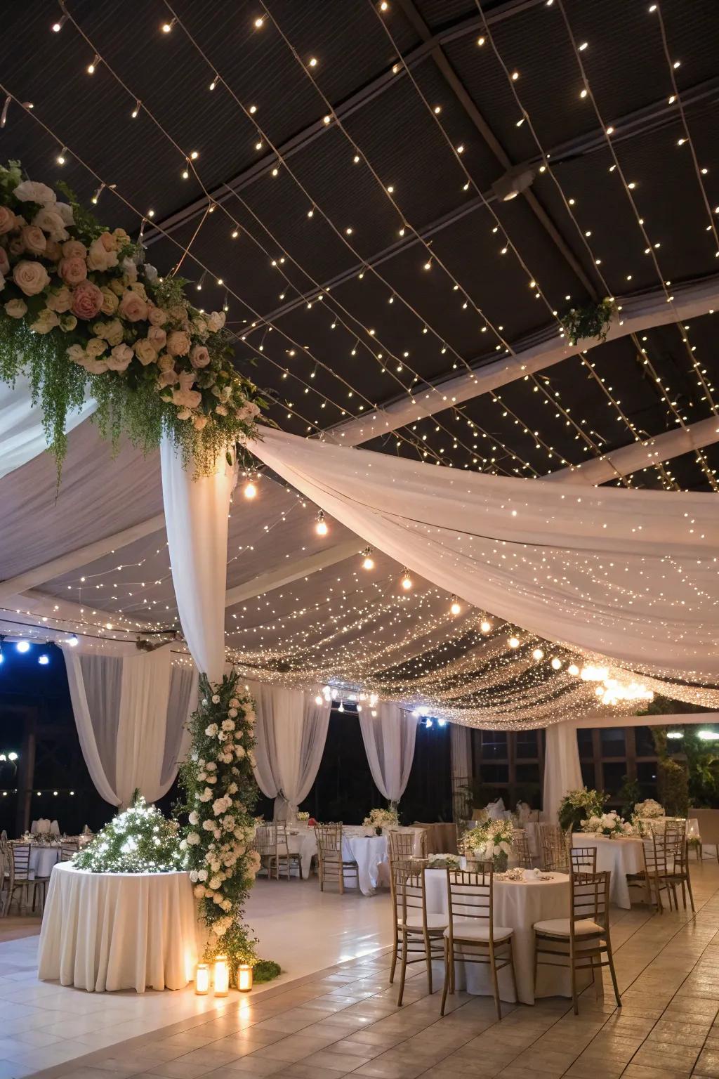 String lights create a magical, starry atmosphere for a wedding.