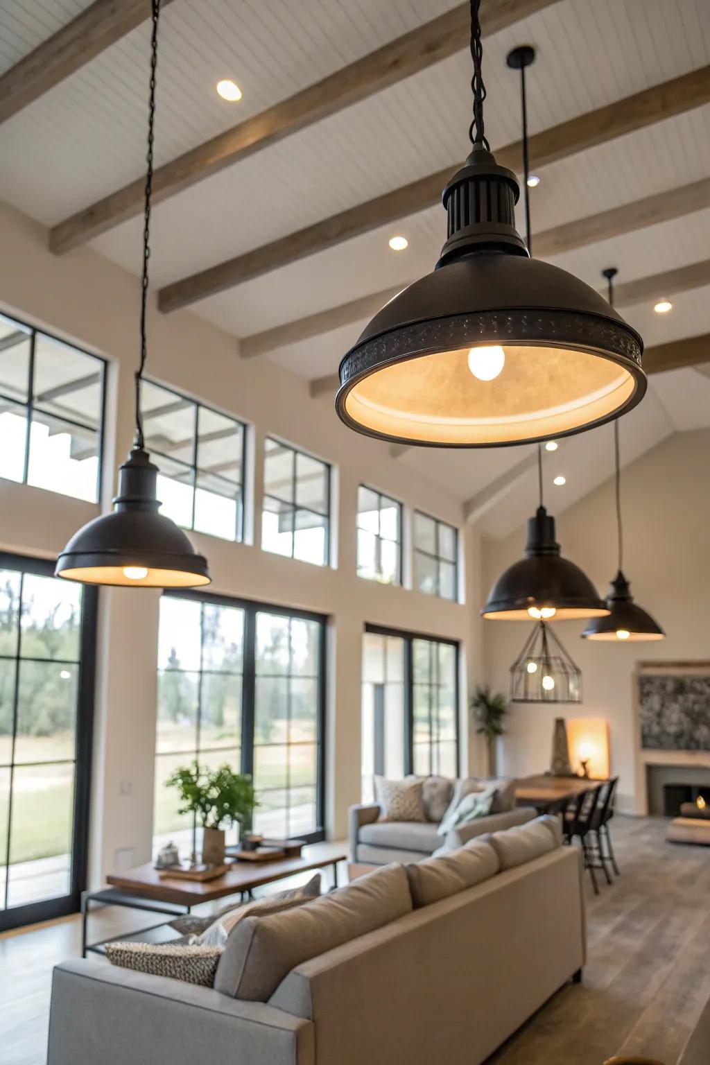 Spacious warehouse-inspired LED lighting enhancing a welcoming living room