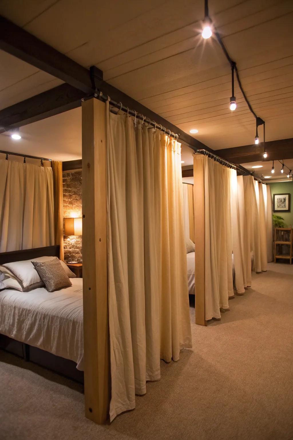 Curtains divide the space into a private bedroom.