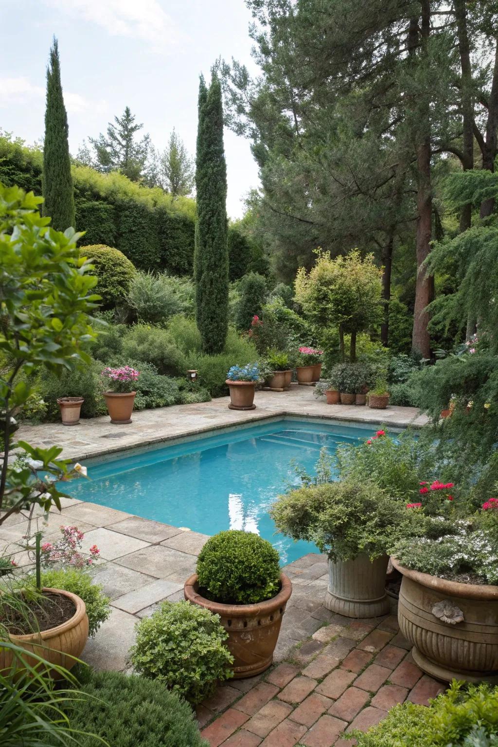 Lush greenery adds vibrancy and life to the pool area.