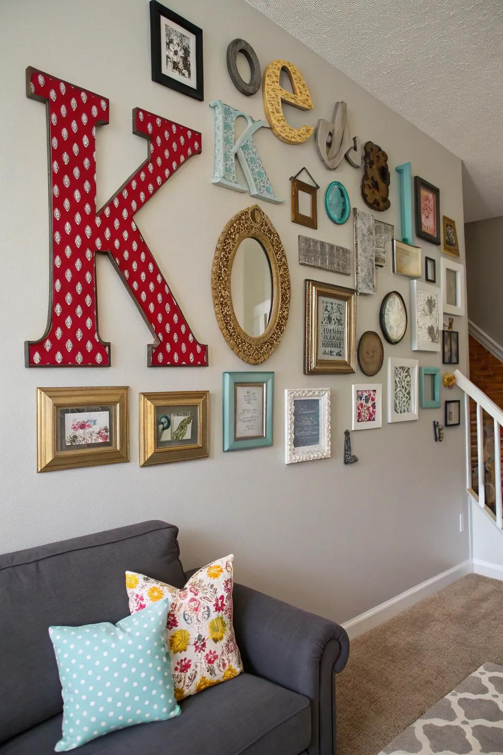 A diverse collection of monograms and frames come together to form a striking feature wall.