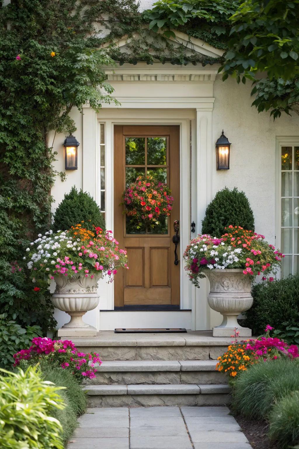 Balanced planters bring an air of sophistication to this recessed doorway.