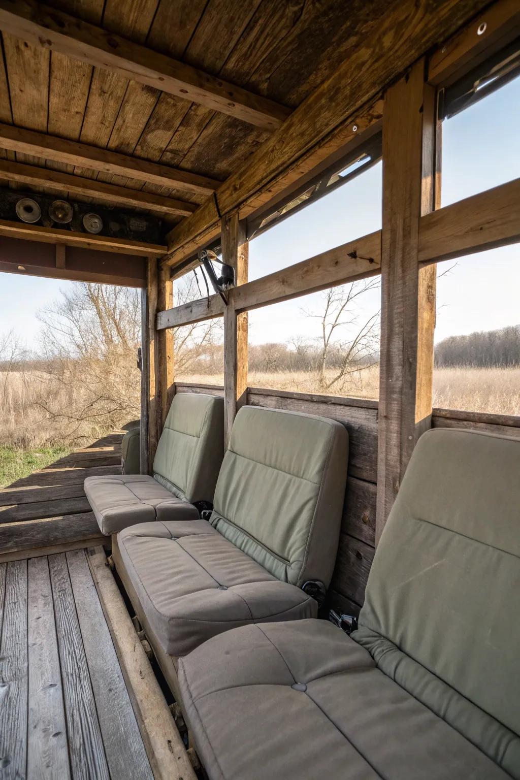 Padded seating enhances comfort during extended stays in the blind.