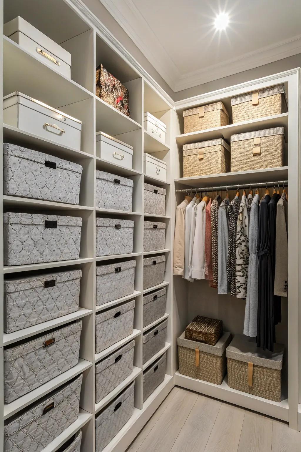 Maximize your closet's height by strategically placing high shelves.