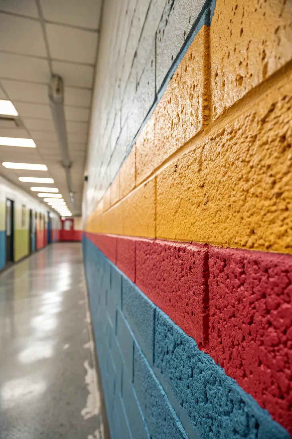 A concrete block wall elevated with vibrant, textured paint finishes.