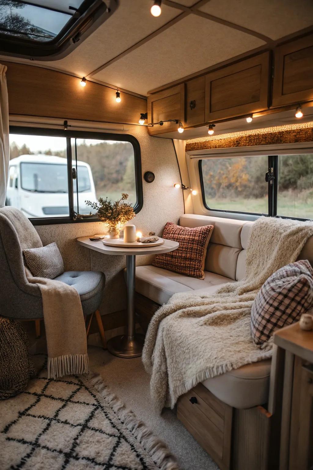 A snug seating arrangement enhanced with luxurious cushions and gentle throws.