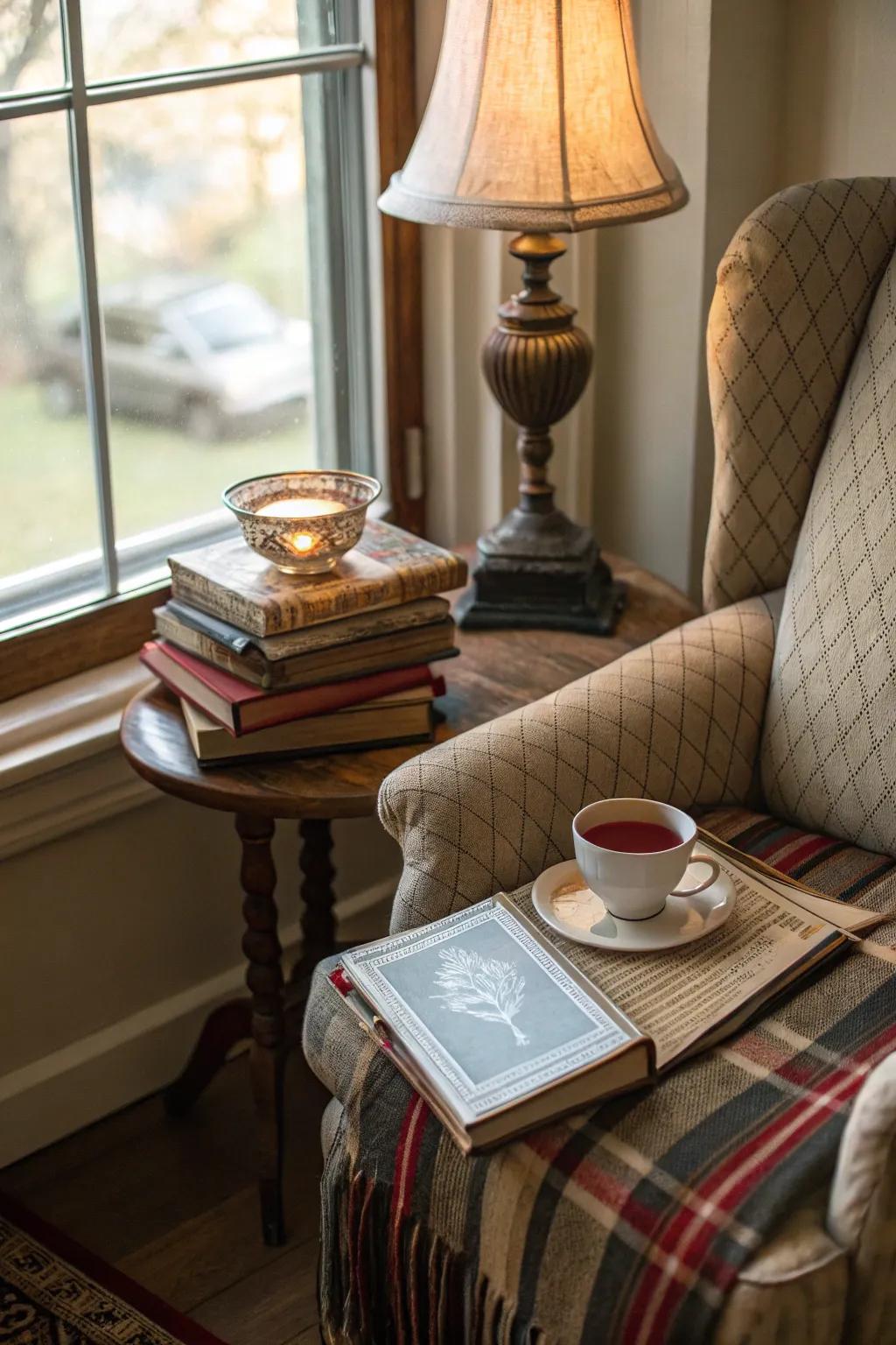 A charming spot tailored for relaxation and reading.
