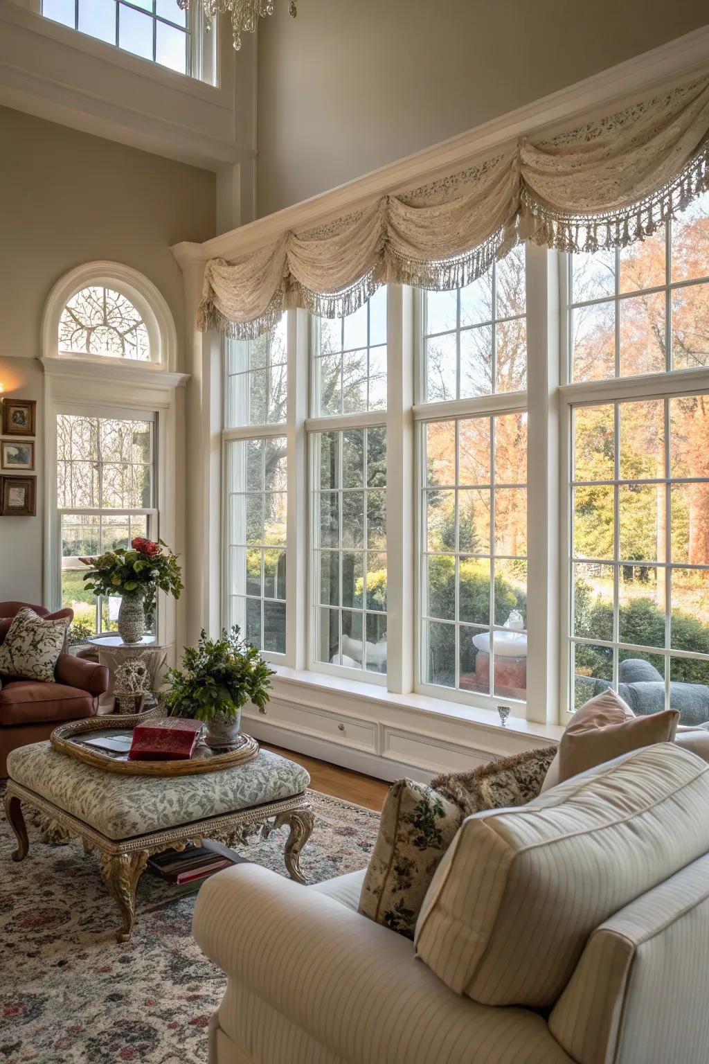 Expansive windows framed with elegant white trim brightening a welcoming living space.