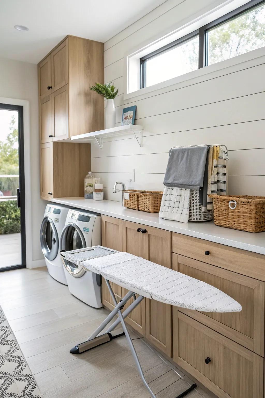 A fold-down wall-mounted ironing board in a contemporary laundry room.