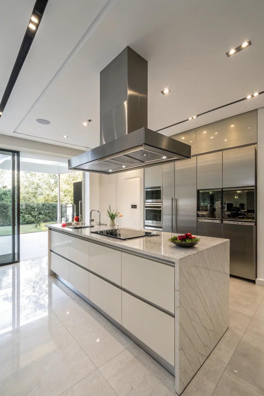 A stainless steel range hood delivers a sleek, elegant, and modern touch.