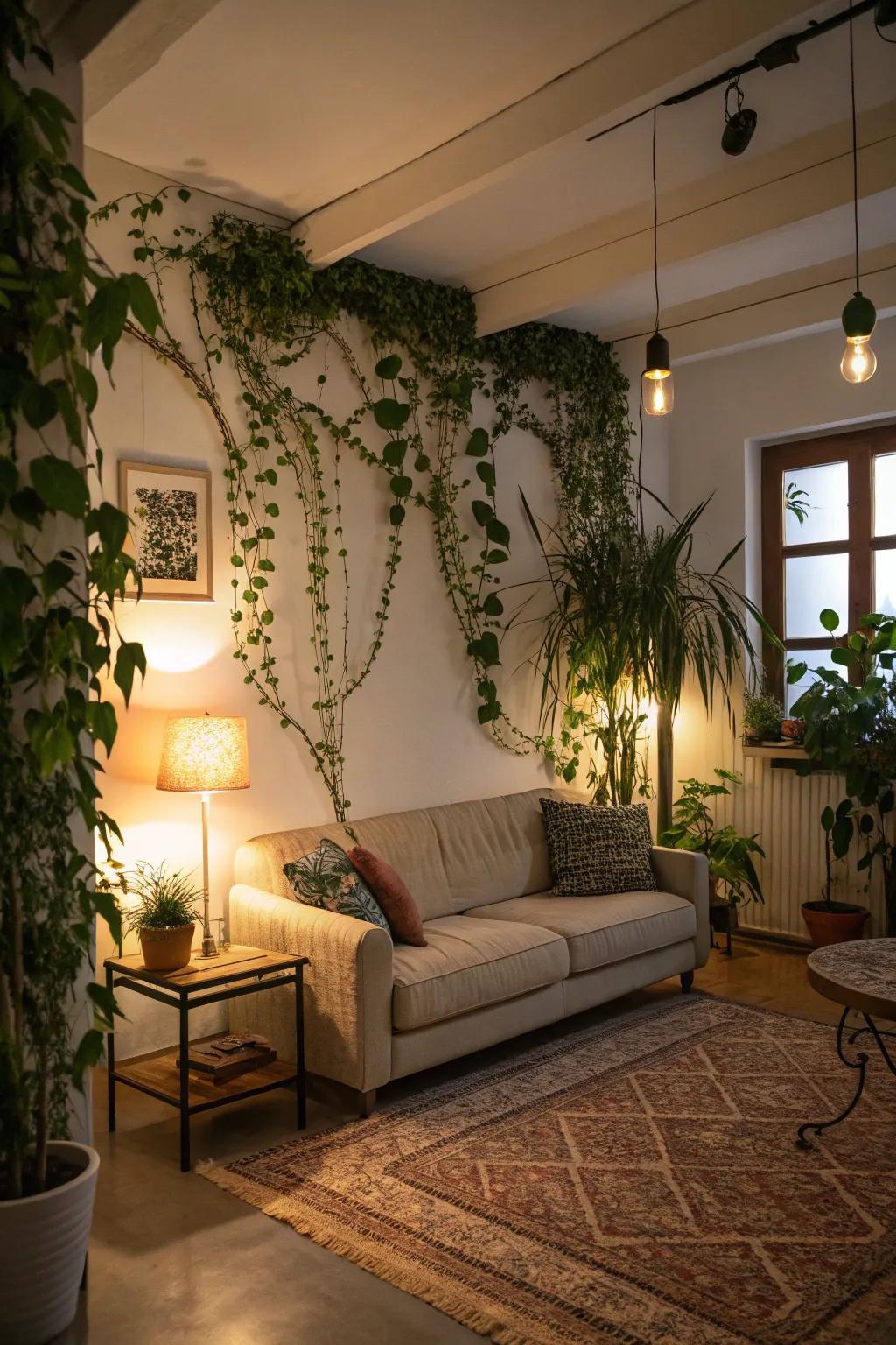 A living room transformed by a lush ivy-covered wall, creating a serene atmosphere.