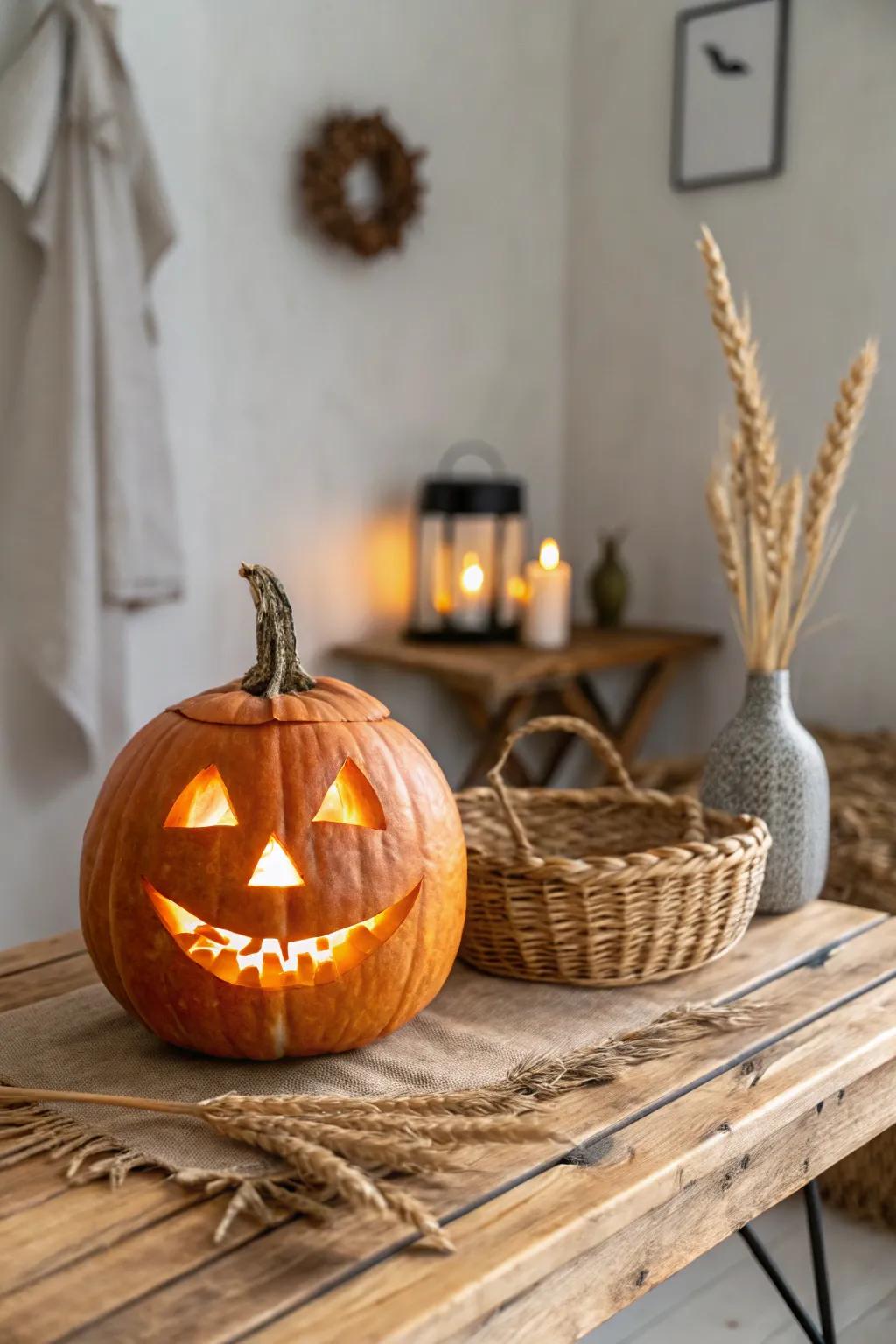 Relish in the enduring charm of a quintessential smiling jack-o'-lantern, and allow its inviting radiance to brighten your autumn nights.