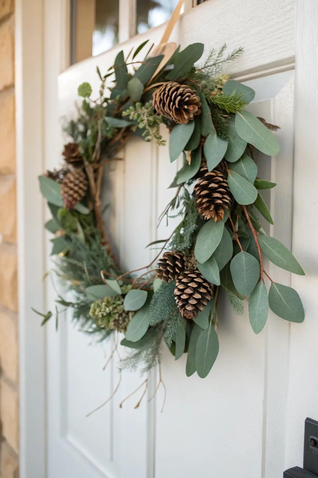 Eucalyptus and fir cones combine to form a graceful and refreshing seasonal garland.