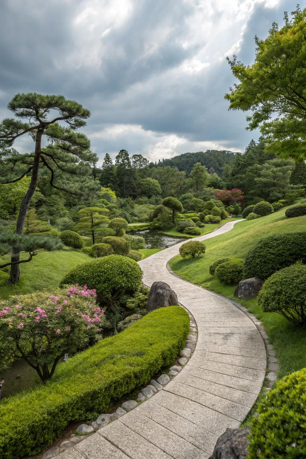 A captivating stone pathway elegantly meandering through a Japanese garden.