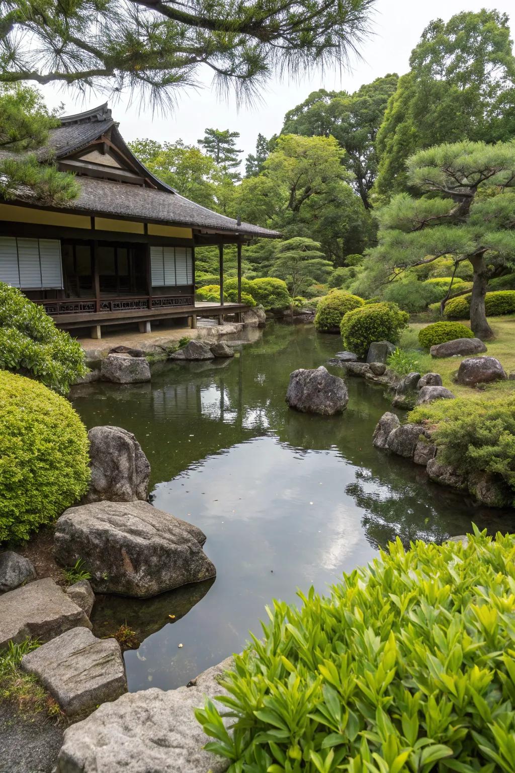 A Japanese garden showcasing a small pond framed by rocks.