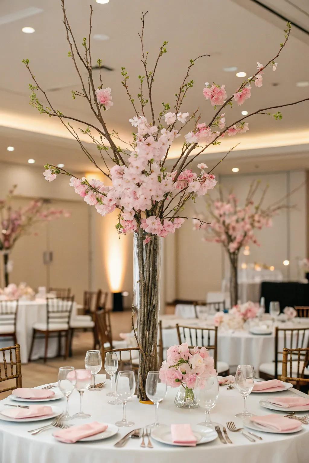Flowering branch centerpieces add a touch of sophistication.