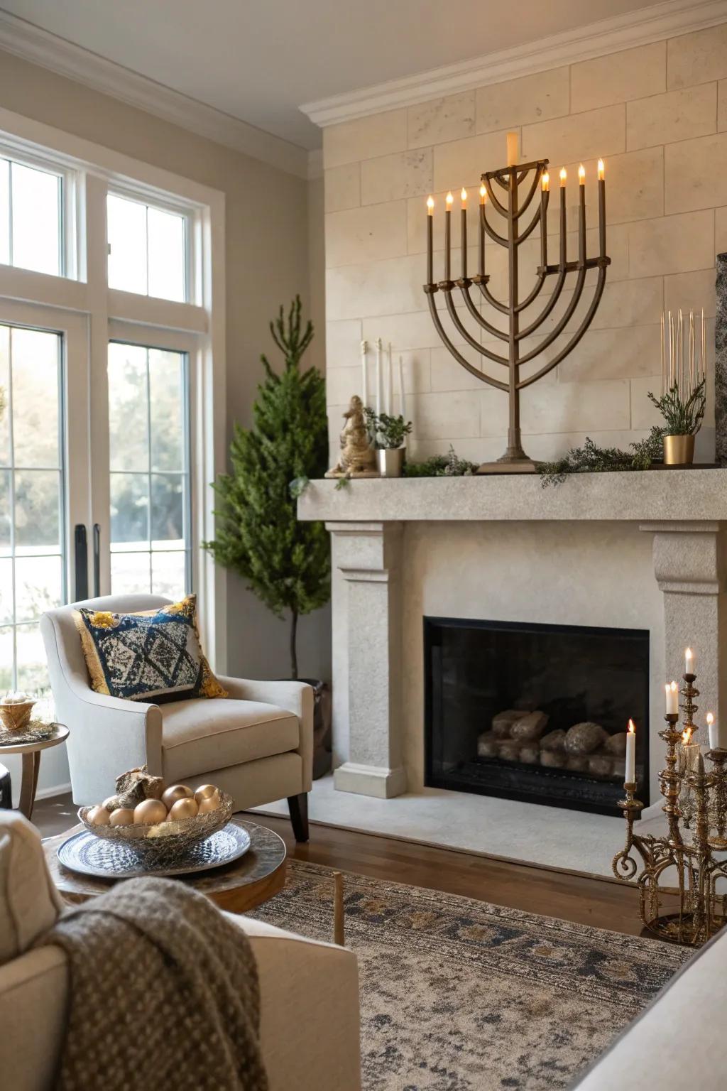 Contemporary menorah displayed elegantly on a living room mantel.