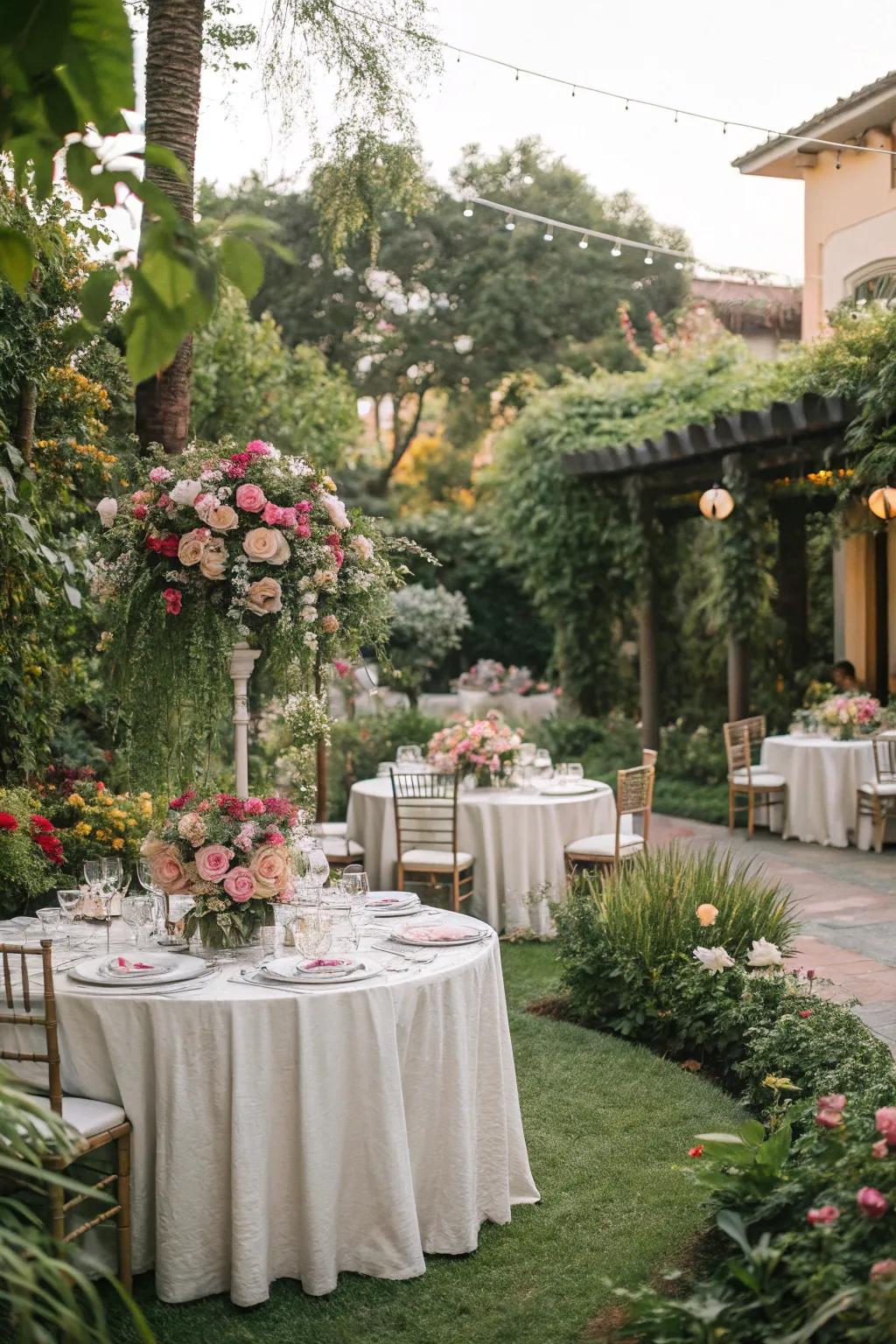 An elegant garden party scene featuring beautiful floral centerpieces and fine china.