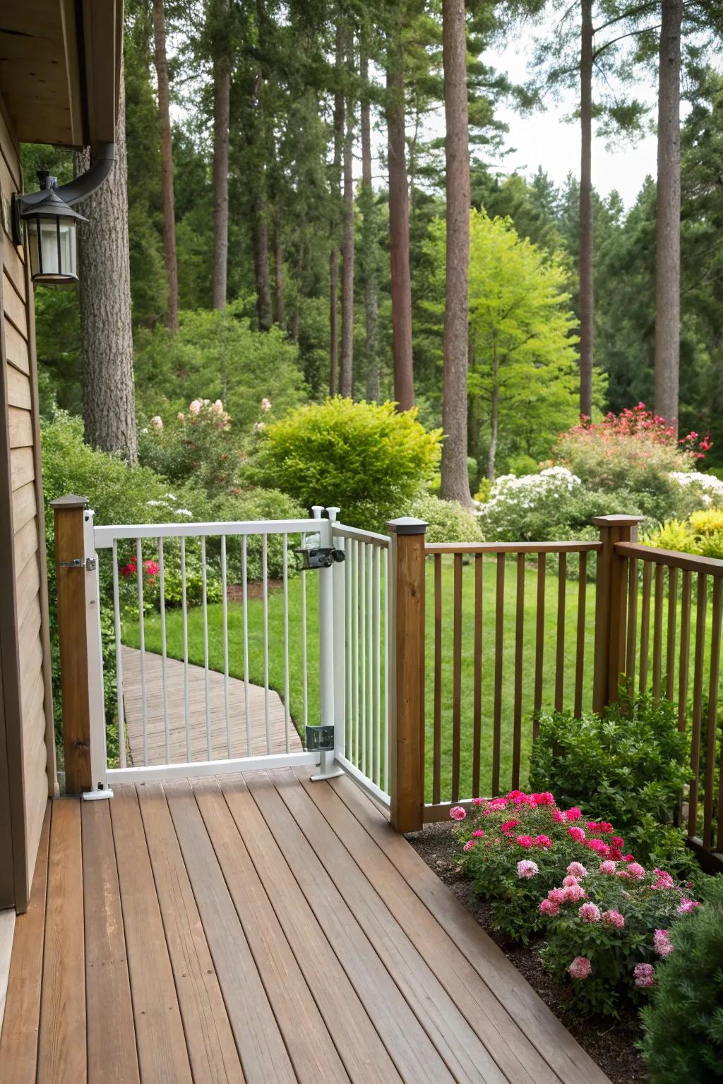 A wood deck featuring a secure child safety barrier, complemented by abundant green vegetation.