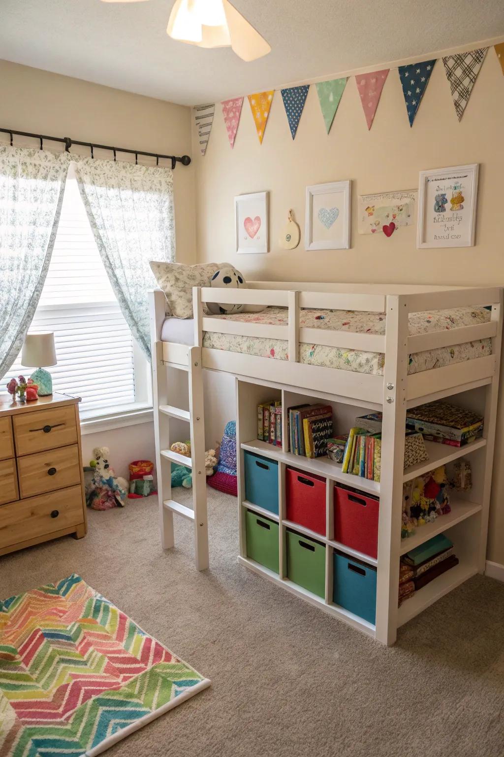 A high sleeper arrangement that optimizes floor area for play and storage solutions.