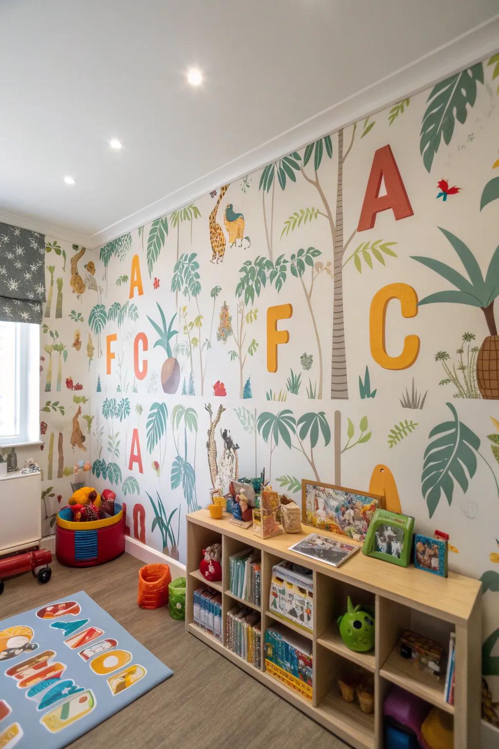 A playroom wall decorated with alphabet-themed wall covering, mixing education with adventure.