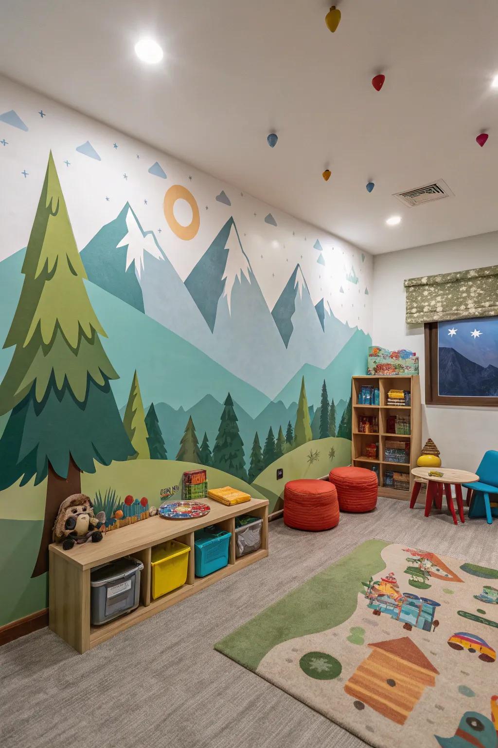Painted mountainscapes produce an exciting yet peaceful environment in children's spaces.