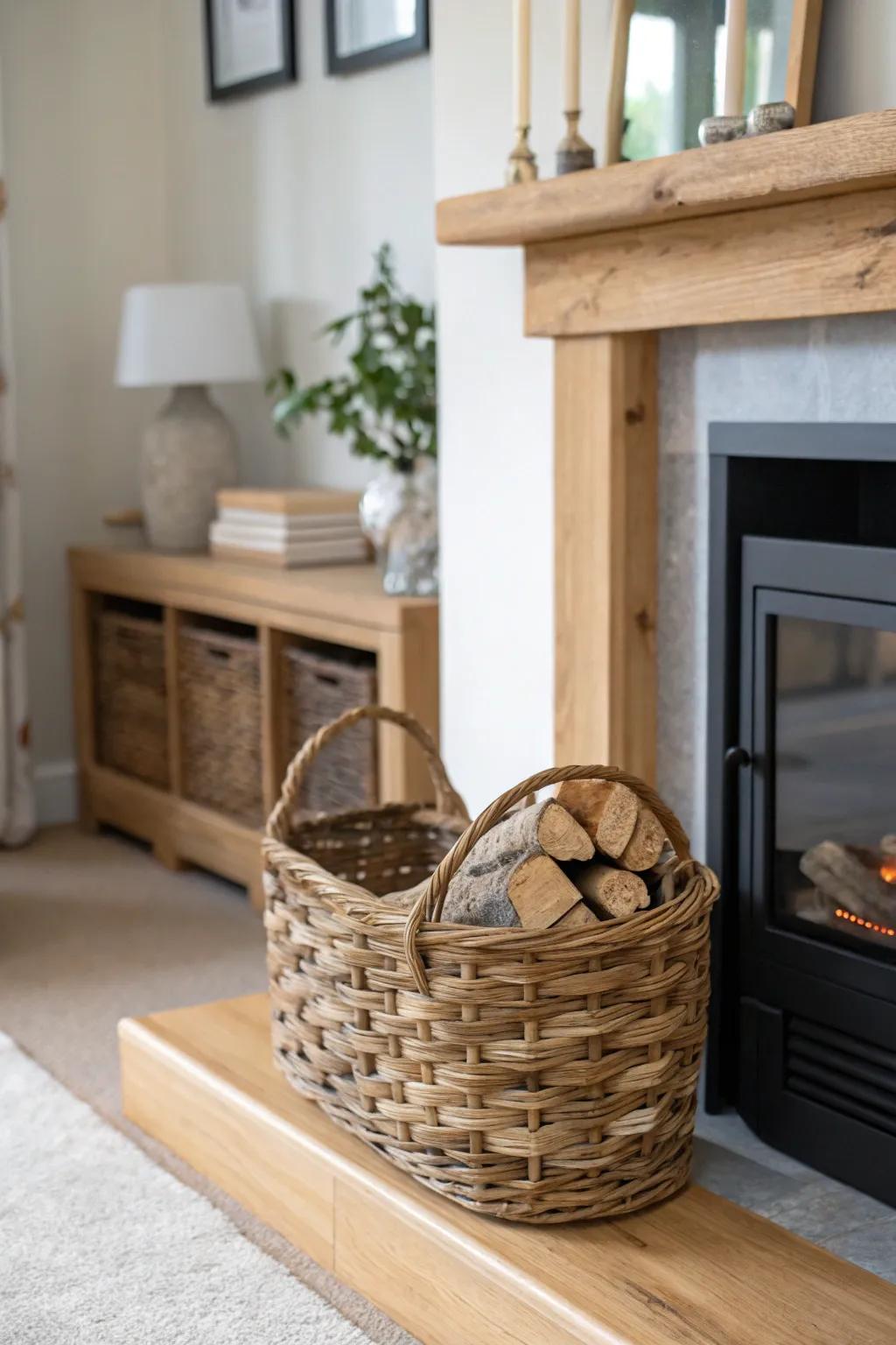 Woven baskets are both stylish and practical for storing kindling.
